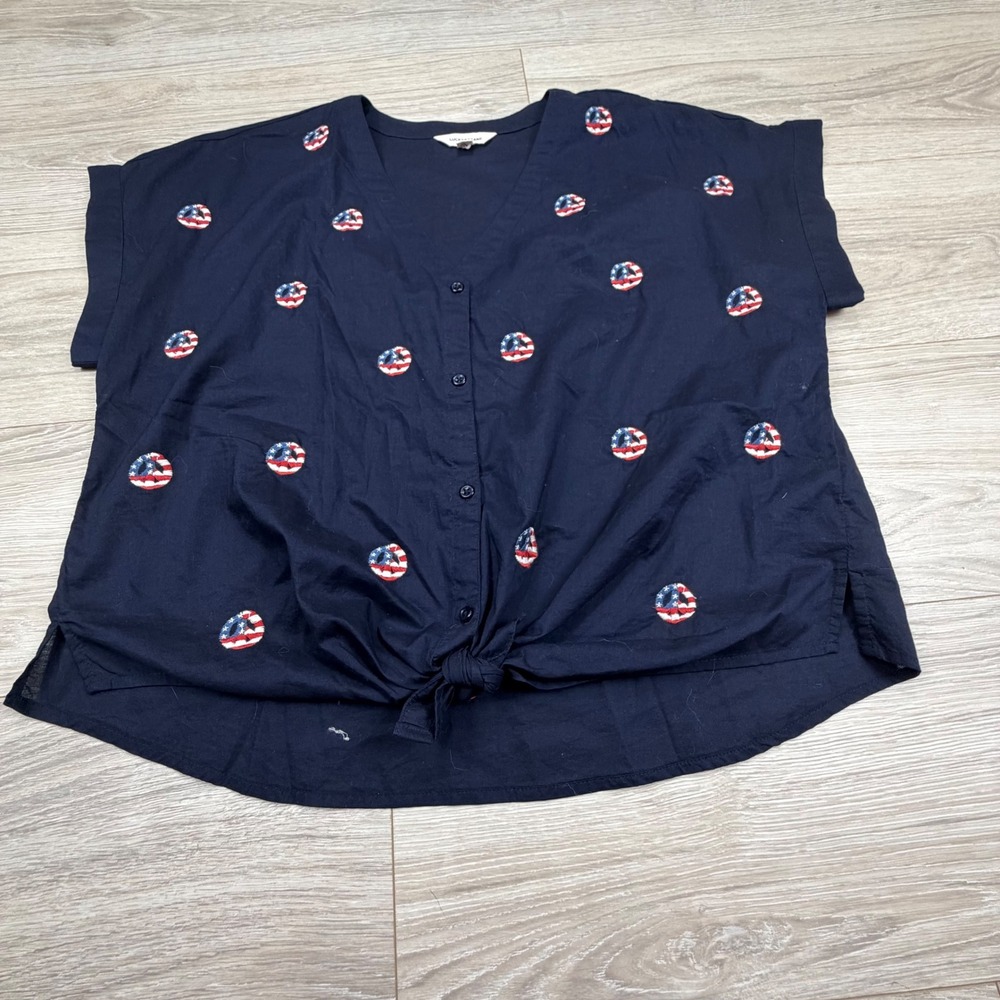 Lucky Brand Navy Button-Down Shirt with Red, White & Blue Embroidered Motifs